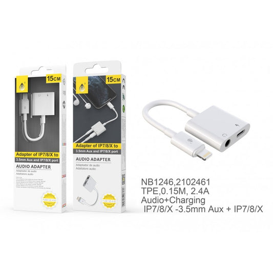 2 in 1 Adapter Cable for iPhone to iPhone Charge + 3.5 Audio 0.15m